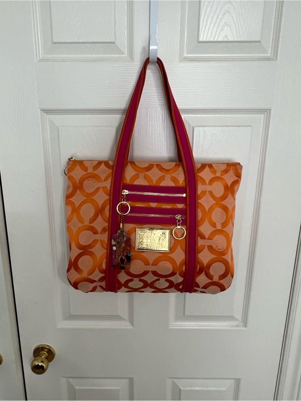 Coach Poppy Orange and Pink Signature Tote and wallet with Gold Hardware